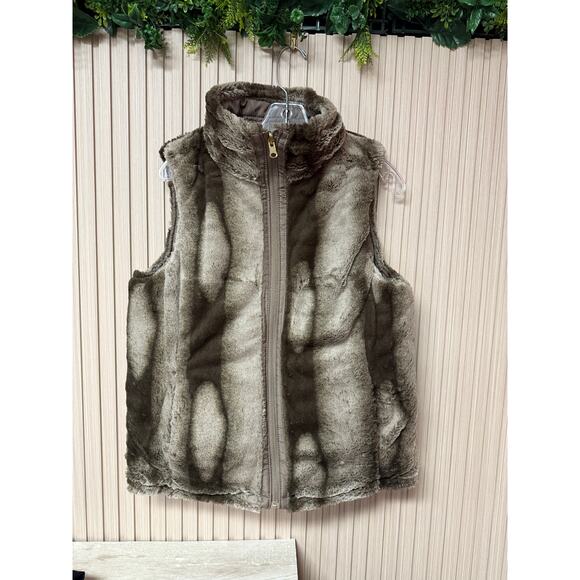 KC Collections Women’s Medium Taupe Reversible Vest Quilted Faux Fur Full Zip - Picture 4 of 13